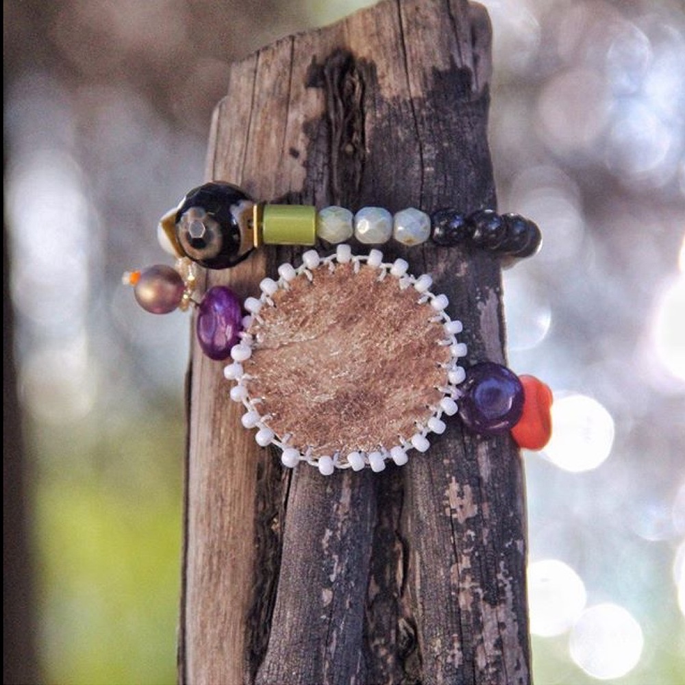 Beaded metallic leather bracelet